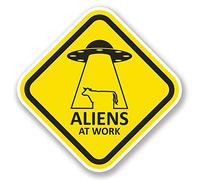 2 x 10cm Aliens at Work Vinyl Sticker Laptop Car Bike Joke UFO Alien Funny #5791 (10cm x 10cm)