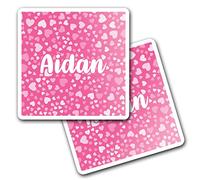 2 x 10cm Vinyl Square Stickers Set - Name Aidan Pink Hearts Love Letter Lettering Travel Scrapbooking Gift Decal Wall Art Self Adhesive Waterproof #267141