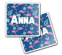 2 x 10cm Vinyl Square Stickers Set - Name Anna Tropic Flamingo Palm Flower Letter Lettering Travel Scrapbooking Gift Decal Wall Art Self Adhesive Waterproof #257137