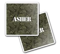 2 x 10cm Vinyl Square Stickers Set - Name Asher Camouflage Army Military Letter Lettering Travel Scrapbooking Gift Decal Wall Art Self Adhesive Waterproof #269988