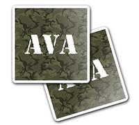 2 x 10cm Vinyl Square Stickers Set - Name Ava Camouflage Army Military Letter Lettering Travel Scrapbooking Gift Decal Wall Art Self Adhesive Waterproof #271125