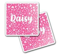 2 x 10cm Vinyl Square Stickers Set - Name Daisy Pink Hearts Love Letter Lettering Travel Scrapbooking Gift Decal Wall Art Self Adhesive Waterproof #268441