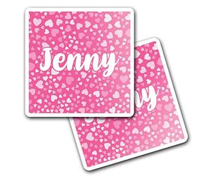 2 x 10cm Vinyl Square Stickers Set - Name Jenny Pink Hearts Love Letter Lettering Travel Scrapbooking Gift Decal Wall Art Self Adhesive Waterproof #268638
