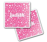 2 x 10cm Vinyl Square Stickers Set - Name Judith Pink Hearts Love Letter Lettering Travel Scrapbooking Gift Decal Wall Art Self Adhesive Waterproof #268659