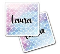 2 x 10cm Vinyl Square Stickers Set - Name Laura Mermaid Scales Fish Sea Letter Lettering Travel Scrapbooking Gift Decal Wall Art Self Adhesive Waterproof #279922