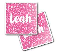 2 x 10cm Vinyl Square Stickers Set - Name Leah Pink Hearts Love Letter Lettering Travel Scrapbooking Gift Decal Wall Art Self Adhesive Waterproof #268773