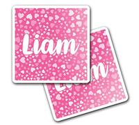 2 x 10cm Vinyl Square Stickers Set - Name Liam Pink Hearts Love Letter Lettering Travel Scrapbooking Gift Decal Wall Art Self Adhesive Waterproof #267781