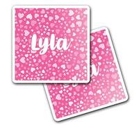2 x 10cm Vinyl Square Stickers Set - Name Lyla Pink Hearts Love Letter Lettering Travel Scrapbooking Gift Decal Wall Art Self Adhesive Waterproof #268822