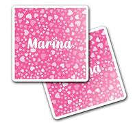 2 x 10cm Vinyl Square Stickers Set - Name Marina Pink Hearts Love Letter Lettering Travel Scrapbooking Gift Decal Wall Art Self Adhesive Waterproof #268870
