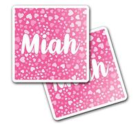2 x 10cm Vinyl Square Stickers Set - Name Miah Pink Hearts Love Letter Lettering Travel Scrapbooking Gift Decal Wall Art Self Adhesive Waterproof #268899