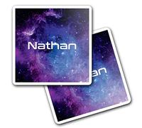2 x 10cm Vinyl Square Stickers Set - Name Nathan Space Universe Galaxy Stars Letter Lettering Travel Scrapbooking Gift Decal Wall Art Self Adhesive Waterproof #262308