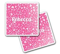 2 x 10cm Vinyl Square Stickers Set - Name Rebecca Pink Hearts Love Letter Lettering Travel Scrapbooking Gift Decal Wall Art Self Adhesive Waterproof #269002