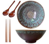 2 x 1200 ml Ramen Bowl Set, Ceramic Bowl, Ramen Bowl (Ramen Set with Ramen Spoon, Chopsticks), Soup Bowl Set for Pasta Bowl, Snack, Salad Bowl, Large Bowl (Peacock Tail)