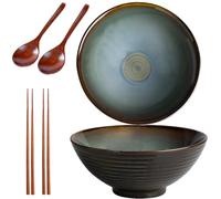 2 x 1200 ml Ramen Bowl Set, Ceramic Bowl, Ramen Bowl (Ramen Set with Ramen Spoon, Chopsticks), Soup Bowl Set for Pasta Bowl, Snack, Salad Bowl, Large Bowl (Vintage Green)