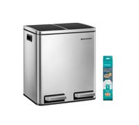 SONGMICS Dual Rubbish Bin, Metal Recycling Bin with 15 Rubbish Bags, 2-Compartment, with Lids, Pedals, Plastic Inner Buckets, Soft Closure, 2 x 4 Gallons (2 x 15 L), Silver and Black LTB030EB02