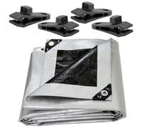 2 x 2 m Tarpaulin Cover Premium Heavy-Duty 260 GSM Extra Thick, Waterproof, Frost-Resistant, UV Protection, Universal, Multipurpose (Silver/Black) + 4 Tarp Clamps