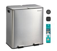 SONGMICS Kitchen Bin, 2 x 8 Gallon (2 x 30 L) Double Rubbish Bin for Waste and Recycling, with Soft-Close Lids, Removable Inner Buckets, Pedals, Stainless Steel, Metallic Silver LTB743E01