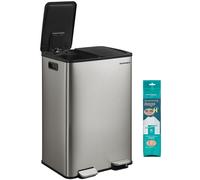 SONGMICS Kitchen Bin, 2 x 8 Gallon (2 x 30 L) Dual-Compartment Pedal Rubbish Bin with Soft-Close Lid and Inner Buckets, Stainless Steel, Includes 15 Liner Bags, Silver LTB741EZ01