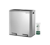 SONGMICS Dual Rubbish Bin, Metal Recycling Bin with 15 Rubbish Bags, 2-Compartment, with Lids, Pedals, Plastic Inner Buckets, Soft Closure, 2 x 8 Gallons (2 x 30 L), Silver and Black LTB60NL