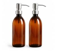 2 x 500ml Amber PET Soap Dispenser Bottles with Brushed Steel Pump, Refillable Hand Wash Bottles for Bathroom Kitchen, Empty Lotion Shampoo Dispensers
