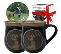 2 x 500ml Stoneware Piping hot coffee Mug Coasters set - Scotland Stag Embossed Cups, complementary Scotland theme coasters for Coffee Tea Hot Chocolate - Scottish Heritage Gift Box (Black)