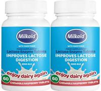 2 X 60 Milkaid Lactase Enzyme Chewable Tablets for Lactose Intolerance Relief | Prevents Gas, Bloating & Diarrhoea | Fast Acting Dairy Digestive Supplement | Gluten Free & Vegan | (2 Pack of 60s)