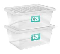 2 x 62 Litre Clear Plastic Storage Boxes With Lids Set of 2, Transparent Multipurpose Nestable Stackable Plastic Box With Lid Containers For Home, Kitchen, Garage, Office, Accessories