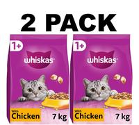 2 X 7kg Whiskas 1+ Adult Complete Dry Cat Food Chicken Bulk Pack Cat Biscuits
