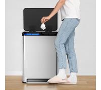 2 x 8 Gallons Recycling Bins for Kitchen, 30L Stainless Steel Garbage Can, Dual Compartment Trash Can with 2 Inner Buckets and Soft Close Lid, Foot Pedal, Bathroom, Living Room, Silver