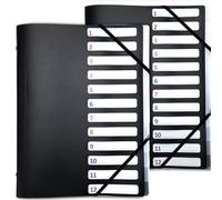 2 x A4 12 Compartments with Storage 3 Flaps - Black Polypropylene Strong Elastic Closure Polypropylene Dividers - Numbered and Identifiable Compartments - Office Filing