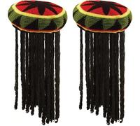 2 x Adult Jamaican Hat with Hair Caribbean Rasta Beanie Hat Fancy Dress Headwear
