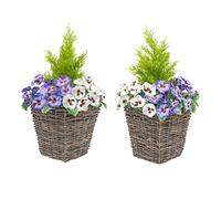 2 x Artificial Rattan Patio Planters Purple and White Faux Silk Pansies with Conifer/Cedar Topiary ideal for Home, Patio, Garden Outdoor Living 60cm/23.5in