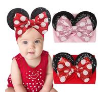 2 x Baby Headbands for Girls, Large Mouse Ears, Dot Headbands with Sequin Bowknot, Wide Nylon Turban Headband, Theme Park Headwear, Hair Bow for Toddlers, Kids,