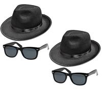 2 x Blues Brothers Hat & Glasses Set - Black Fedora Hats with Satin Band & Dark Lens Sunglasses - Iconic 1980s Blues Fancy Dress Costume Accessory for Adults - for Tribute Acts, Halloween & Parties