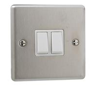 2 x Brushed Chrome Double Light Switch 2 Gang 2 Way Wall On Off Switch 10amp