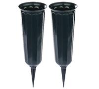 2 x Cemetery Vases - Weather Resistant Durable Green Plastic Spiked Memorial Grave Vase for Fresh or Artificial Flower Arrangements & Bouquets - Each Measure H25.5 x 7.5cm Diameter