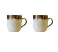 2 x Ceramic Coffee Mugs Cups 300ml - White with Gold Rim & Handle, Fine Porcelain Tea Cups for Hot Drinks, Stylish Luxury Mug Set for Home Kitchen Office Use - Elegant Durable Giftable Drinkware