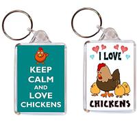 2 x Chickens/Chicken Keyrings - I Love & Keep Calm - Double Sided Large Keyring Name Tag Key Ring Novelty Gift/Present