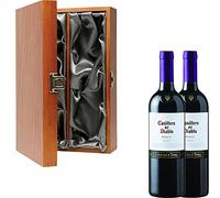 2 x Concha y Toro Casillero Del Diablo Reserva Merlot Chilean Red Wine in Elm Wood Gift Box With Handcrafted Gifts2Drink Tag