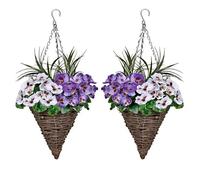 2 x Cone Shaped Hanging Baskets with Purple & White Flowers and Decorative Grasses (Set of 2)