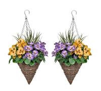 2 x Cone Shaped Hanging Baskets with Purple & Yellow Flowers and Decorative Grasses (Set of 2)