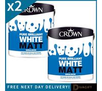 2 x CROWN MATT EMULSION PAINT PURE BRILLIANT WHITE 2.5L FOR WALLS & CEILINGS NEW