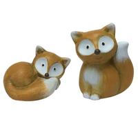 2 x Cute Forest Friends - Sitting & Lying Fox - Novelty Rustic Style Ceramic Ornament - 8 cm approx