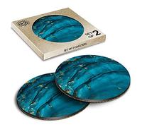 2 x Eco Boxed Cork Coasters - Blue Teal Turquoise Ink Art Drink Cup Mug Glass Table Mat #2094