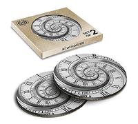 2 x Eco Boxed Cork Coasters - BW - Classic Swirly Clock Time Concept Drink Cup Mug Glass Table Mat #35826