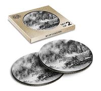 2 x Eco Boxed Cork Coasters - BW - Traditional Chinese Painting Art Oriental Drink Cup Mug Glass Table Mat #43656