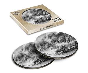 2 x Eco Boxed Cork Coasters - BW - Traditional Chinese Painting Art Oriental Drink Cup Mug Glass Table Mat #43656