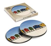 2 x Eco Boxed Cork Coasters - Colorful Beach Huts Summer Holiday Drink Cup Mug Glass Table Mat #8091