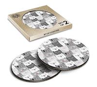 2 x Eco Boxed Cork Coasters - Cute Cat Audience Grey White Drink Cup Mug Glass Table Mat #14431