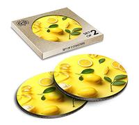 2 x Eco Boxed Cork Coasters - Cute Yellow Lemon Zest Fruit Drink Cup Mug Glass Table Mat #3908